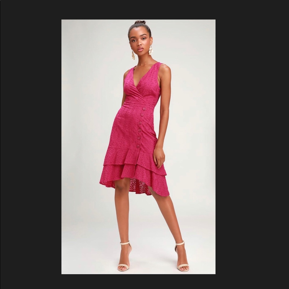 Radiant Ren Magenta Eyelet Ruffled Midi Dress